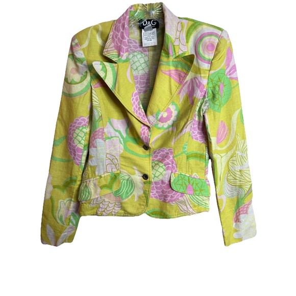 DOLCE GABBANA Retro Floral Yellow Blazer Vintage 90s Sz 28/ US 8 Pucci Vibes - Picture 1 of 10